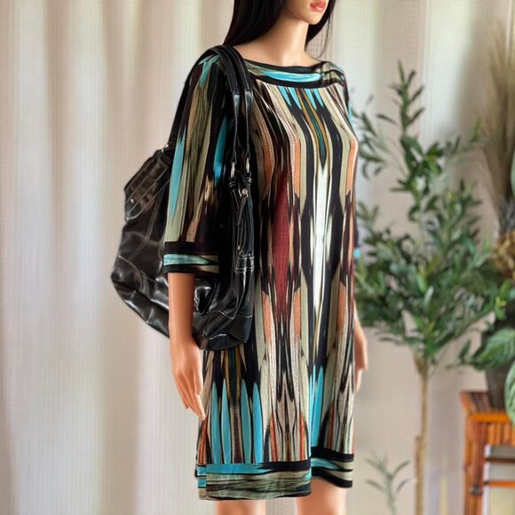 Donna Morgan Retro Print Multicolor Shift Dress Stretch Knit Mod 3/4 Sleeve Sz 4 - Picture 6 of 8